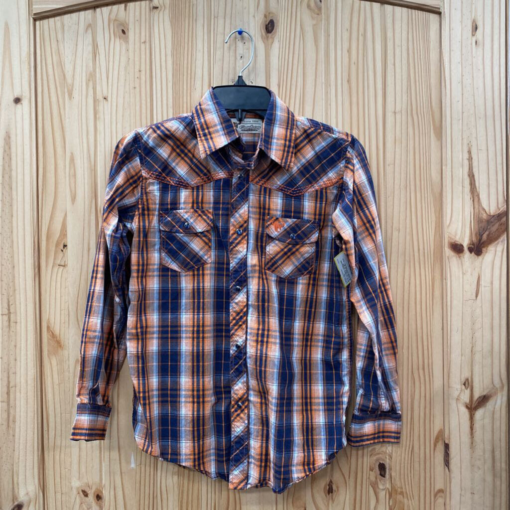 BOYS COWBOY HARDWARE LS PLAID SNAP UP SIRT ORANGE/WHITE/BLUE L 10/12