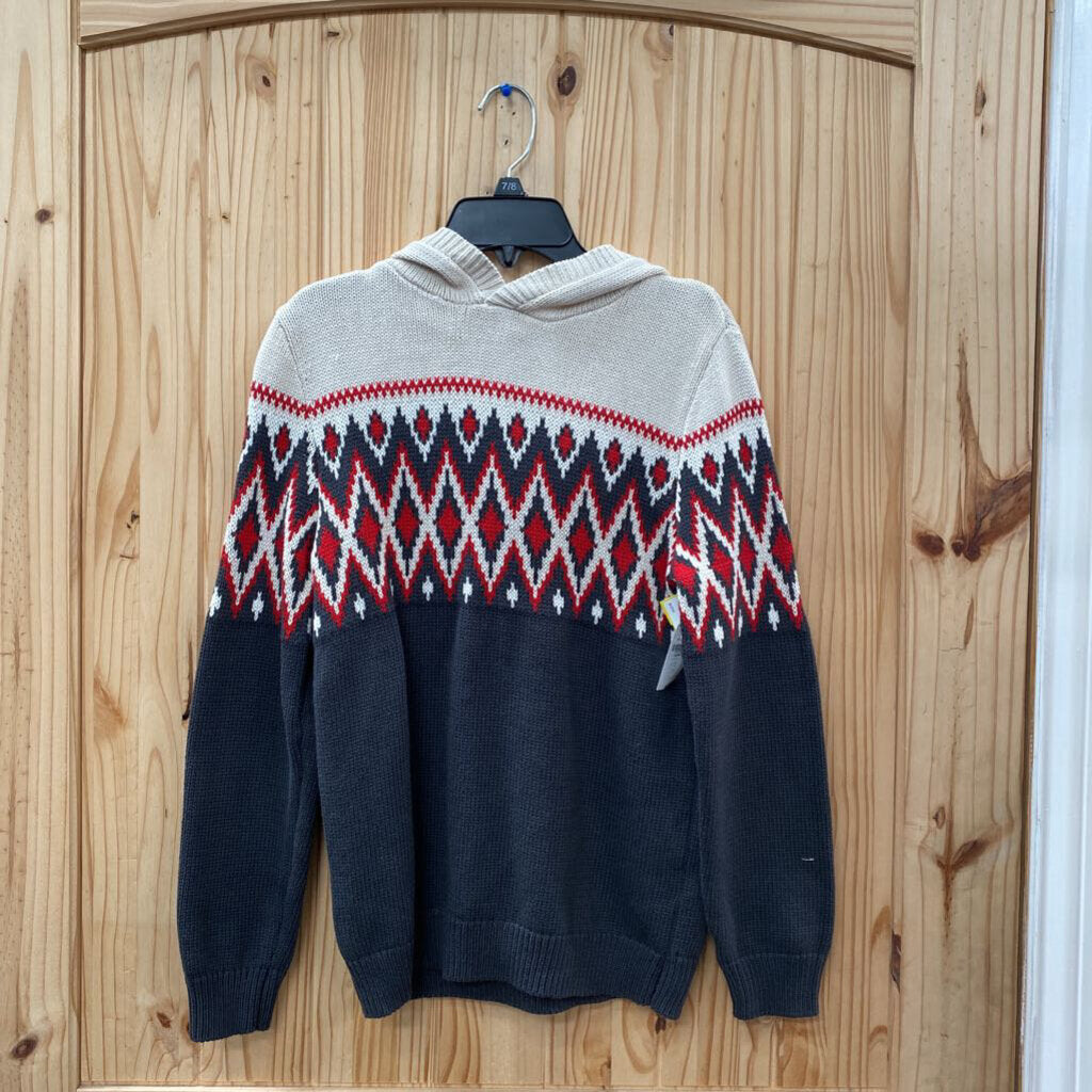 BOYS OLD NAVY LS HOODED SWEATER IVORY/RED/DK GREY L 10/12 NWT