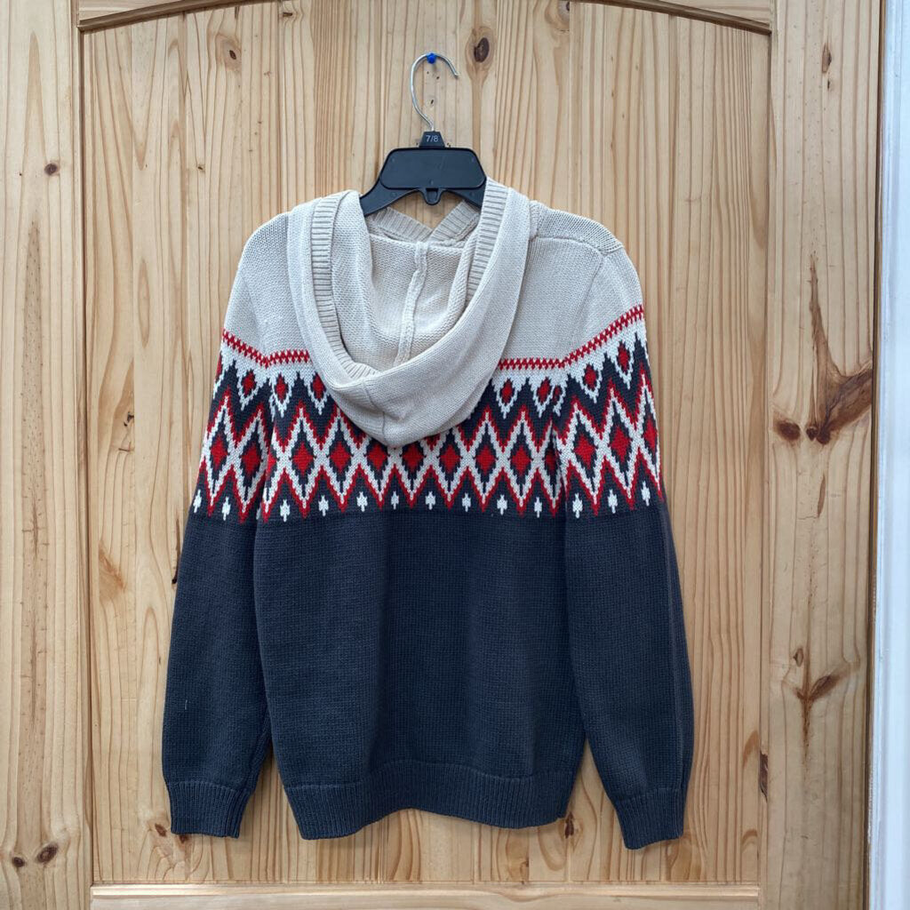 BOYS OLD NAVY LS HOODED SWEATER IVORY/RED/DK GREY L 10/12 NWT