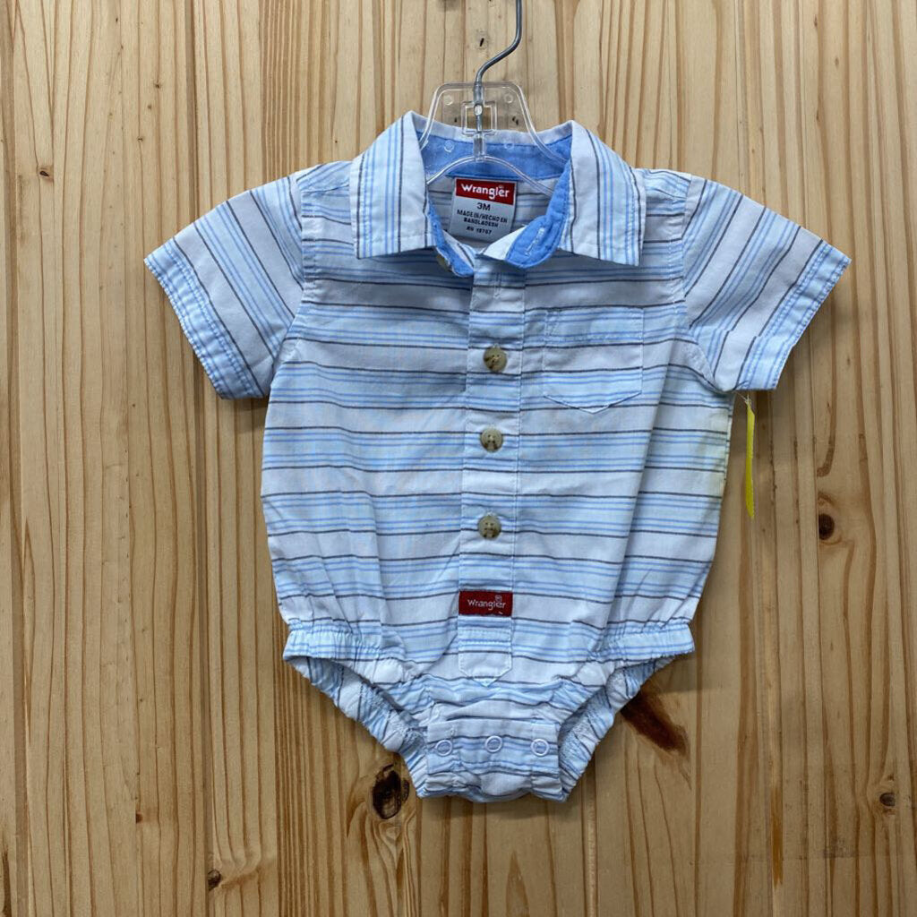 BOYS WRANGLER ONESIE SHIRT LT BLUE/WHITE/GREY 3M