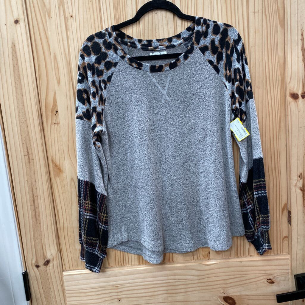 WOMENS 24/7 LS PLAID/GREY/LEOPARD SHIRT M