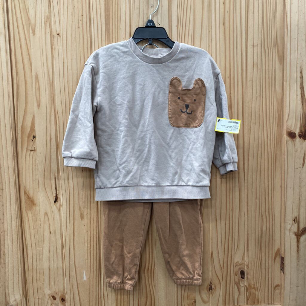 BOYS H&M 2PC SET TAUPE.LT BROWN W/BEAR FACE 3T