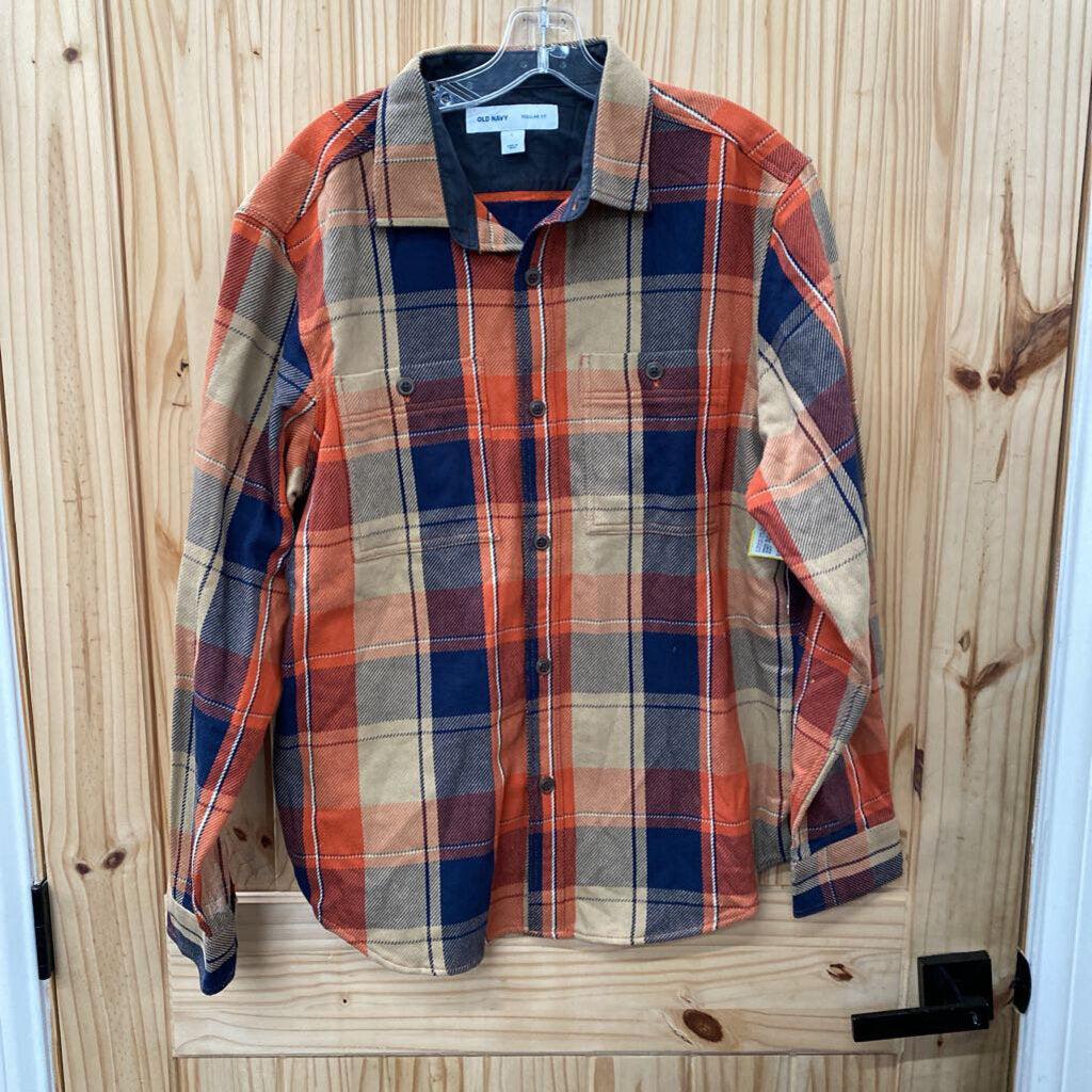 MENS OLD NAVY LS PLAID SHIRT ORANGE/TTAUPE/BLK L NWT