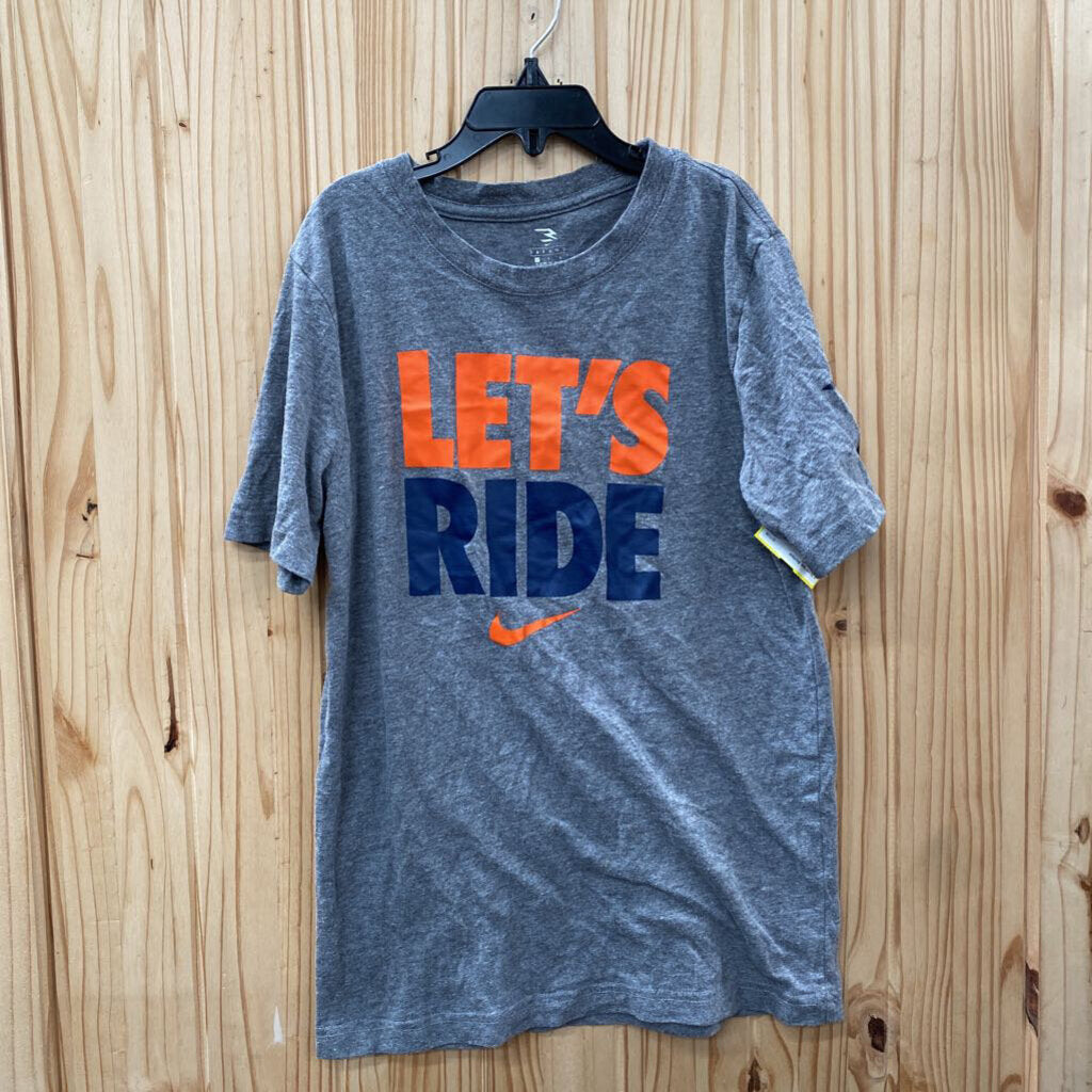 BOYS NIKE LETS RIDE GREY/ORANGE/NAVY BLUE SHIRT L 12/13