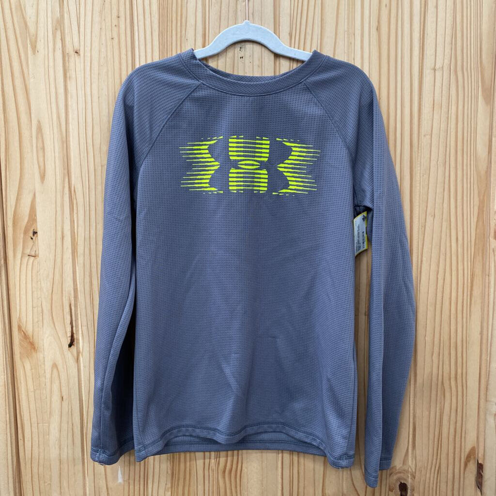BOYS UNDER ARMOUR LS SHIRT GREY/NEONE GREEN YMD 10