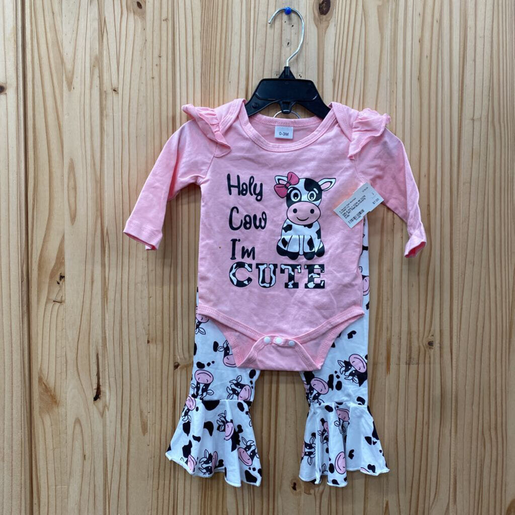 GIRLS HOLY COW IM CUTE 2PC SET PINK/BLK/WHITE 0/3M