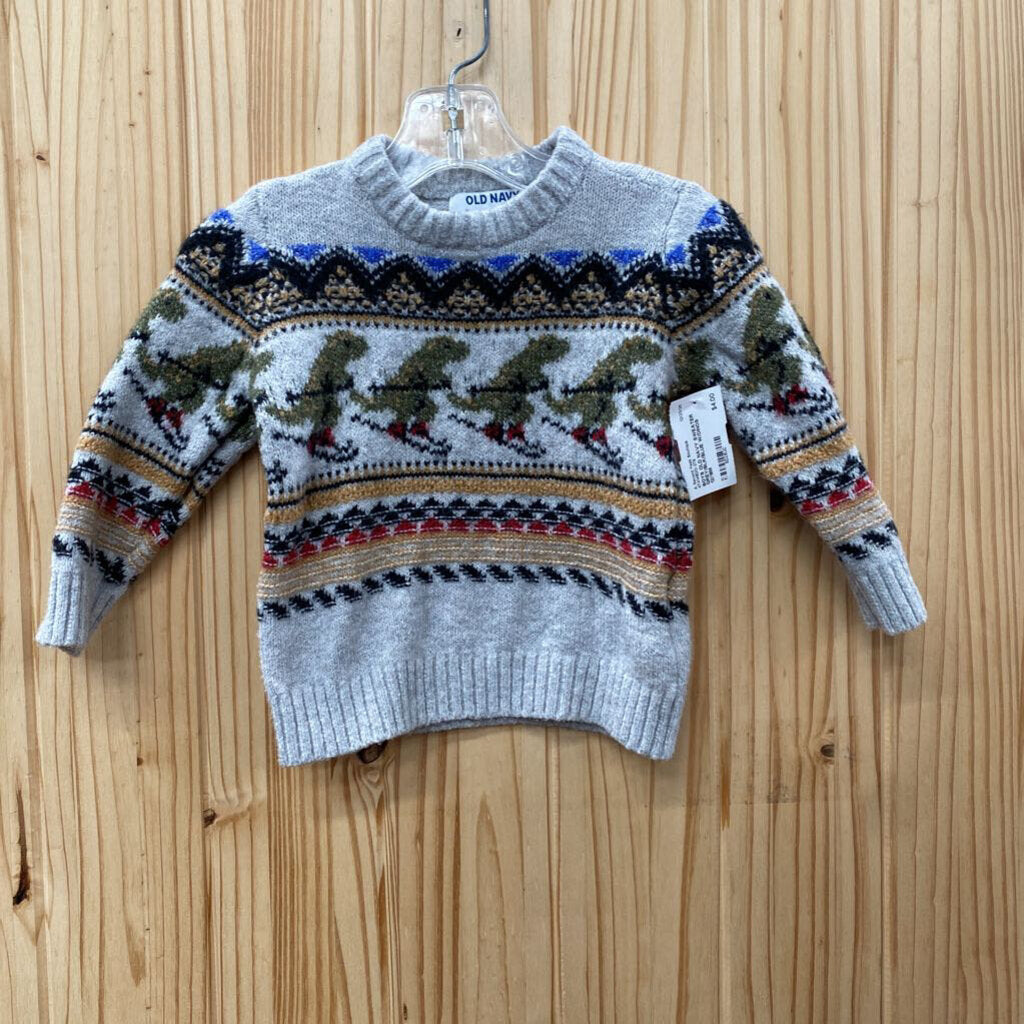 BOYS OLD NAVY SWEATER GREY/BLK/BLUE W/DINOS 12/18M