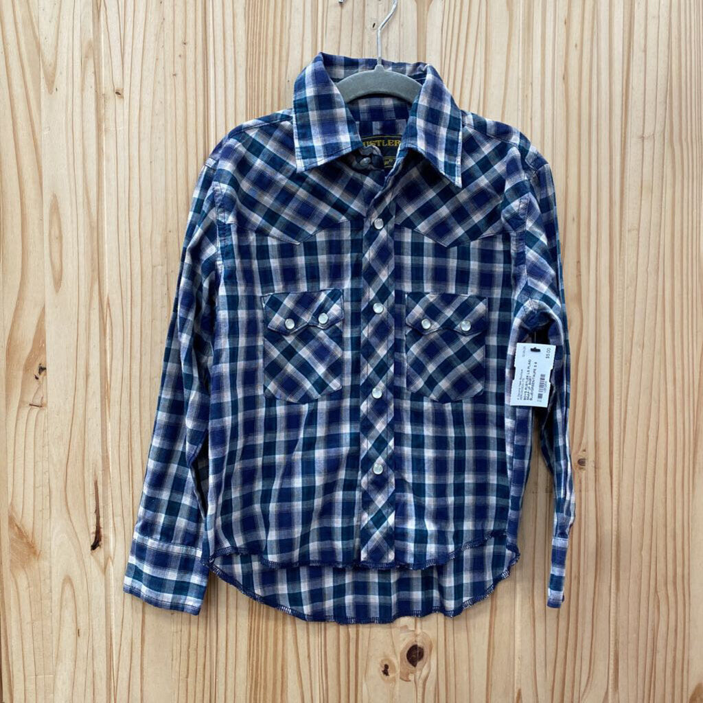 BOYS RUSTLER LS PLAID SNAP UP SHIRT BLUE/GREEN/TAUPE S 8