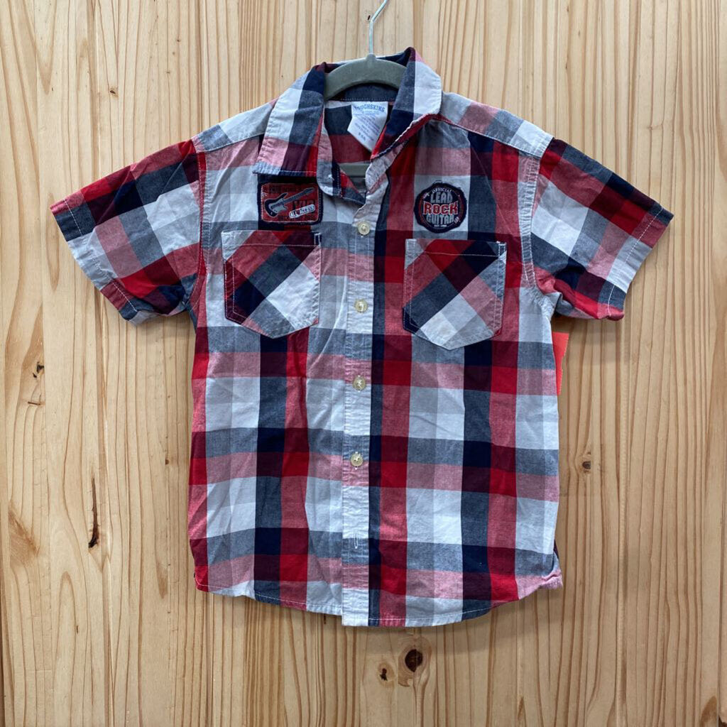 BOYS TOUGHSKINS PLAID BUTTON UP SHIRT RED/WHITE/NAVY BLUE M 5/6