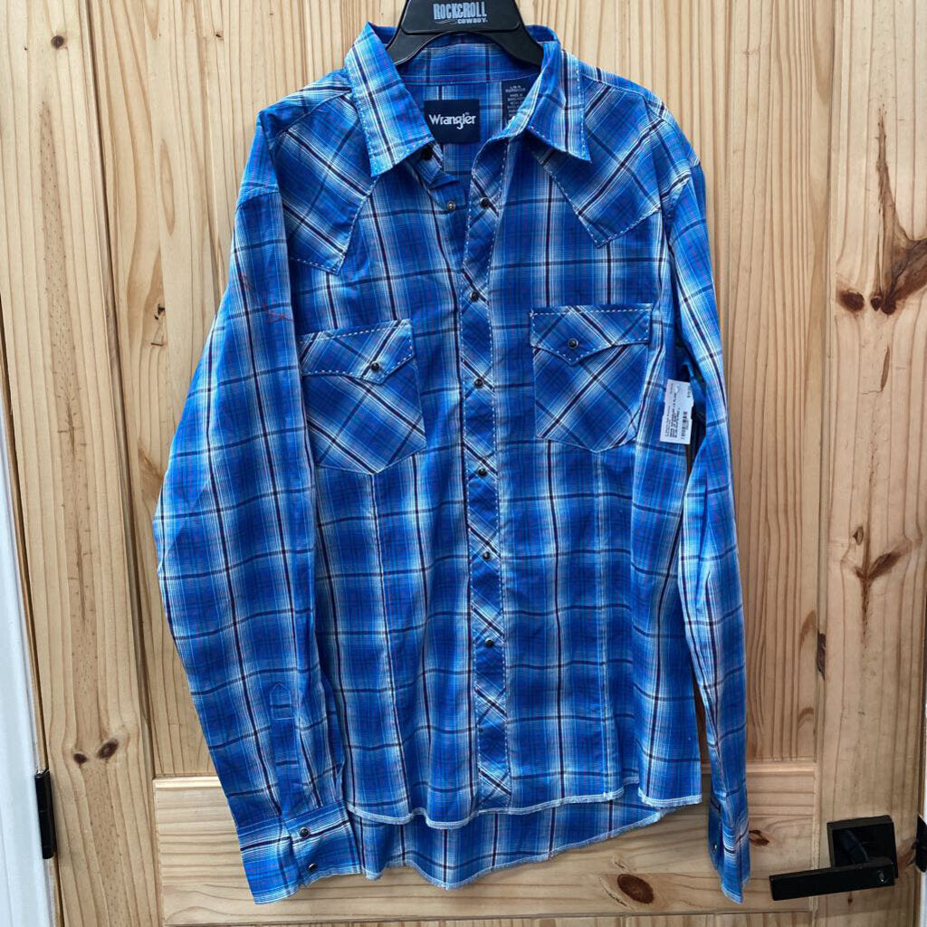 MENS WRANGLER LS PLAID SNAP UP SHIRT BLUE/WHITE/RED L