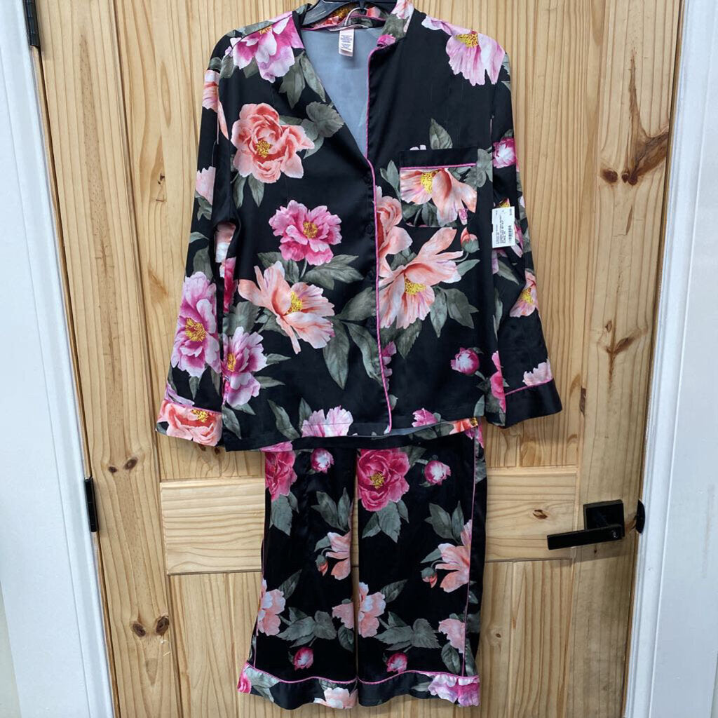WOMENS VICTORIA SECRET 2PC PAJAMA SET BLK FLORAL XS
