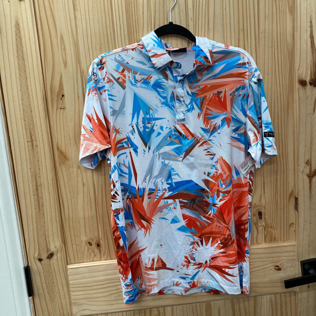 MENS YATTA GOLF POLO SHIRT WHITE/SKY BLUE/ORANGE M