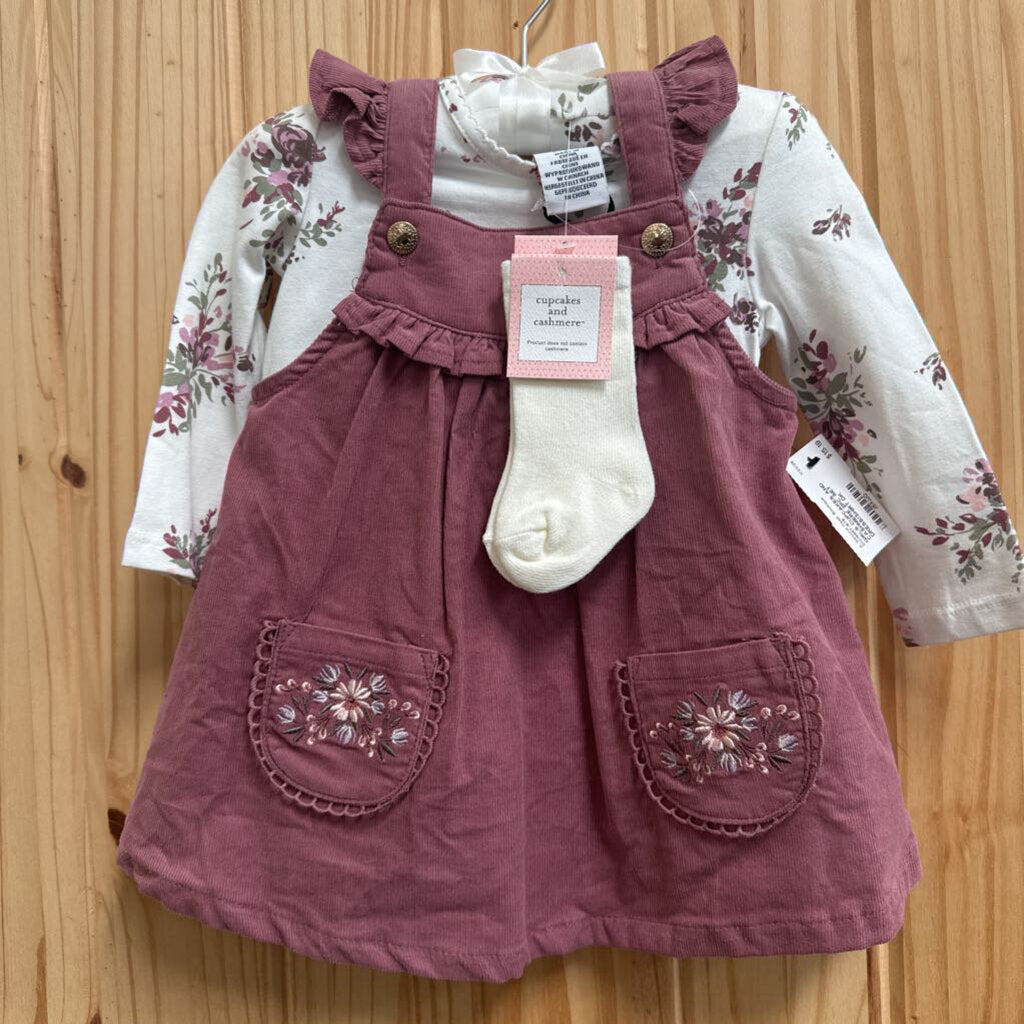 GIRLS CUPCAKES AND CASHMERE 2PC SET DRESS/SHIRT DK MAUVE/WHITE W/FLOWERS 6/9M NWT