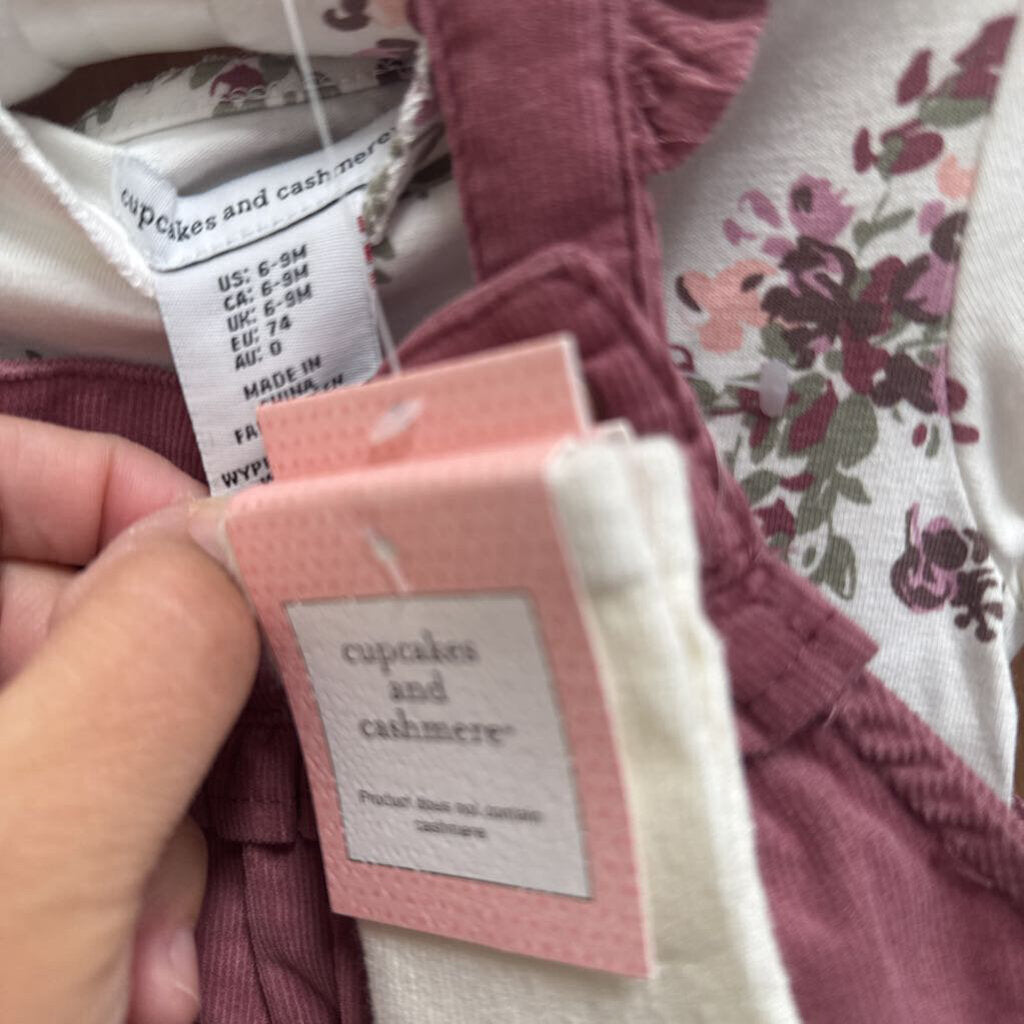 GIRLS CUPCAKES AND CASHMERE 2PC SET DRESS/SHIRT DK MAUVE/WHITE W/FLOWERS 6/9M NWT
