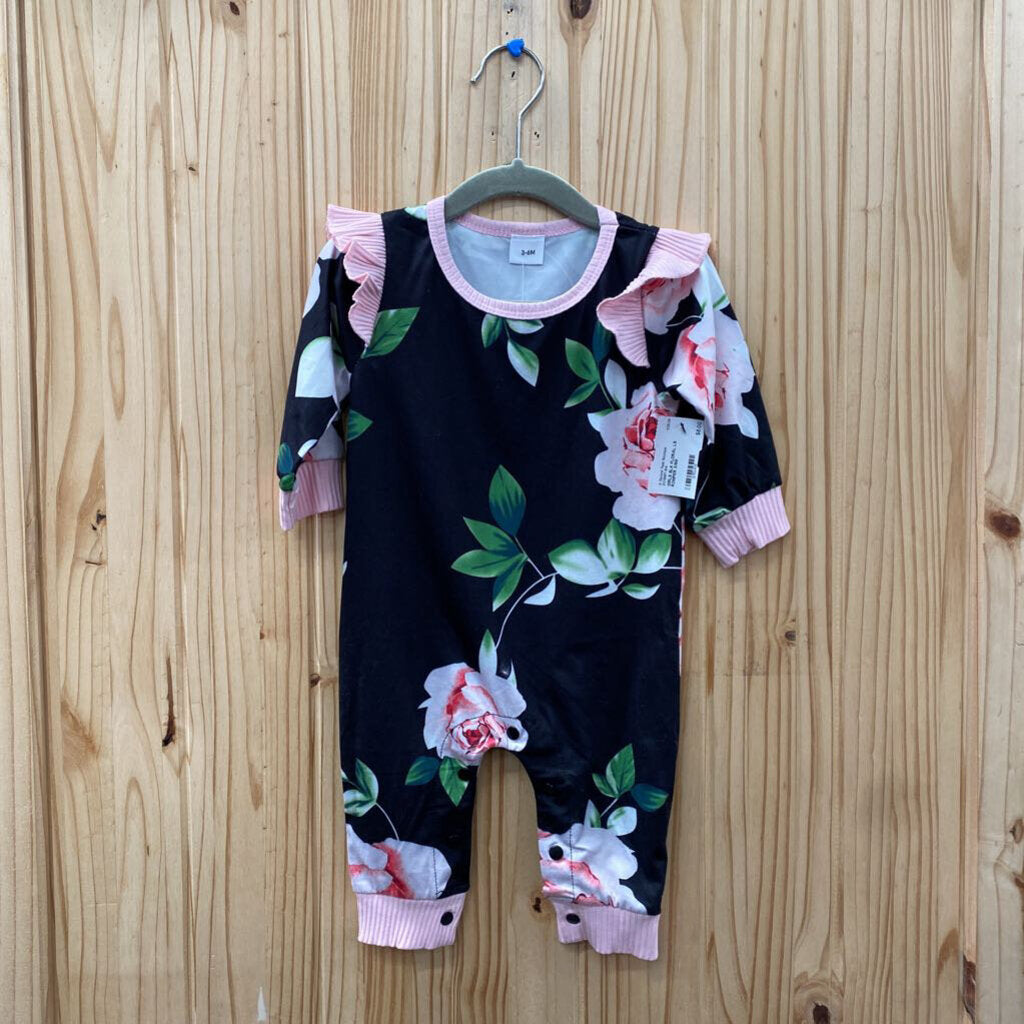 GIRLS BLK FLORAL LS ROMPER 3/6M