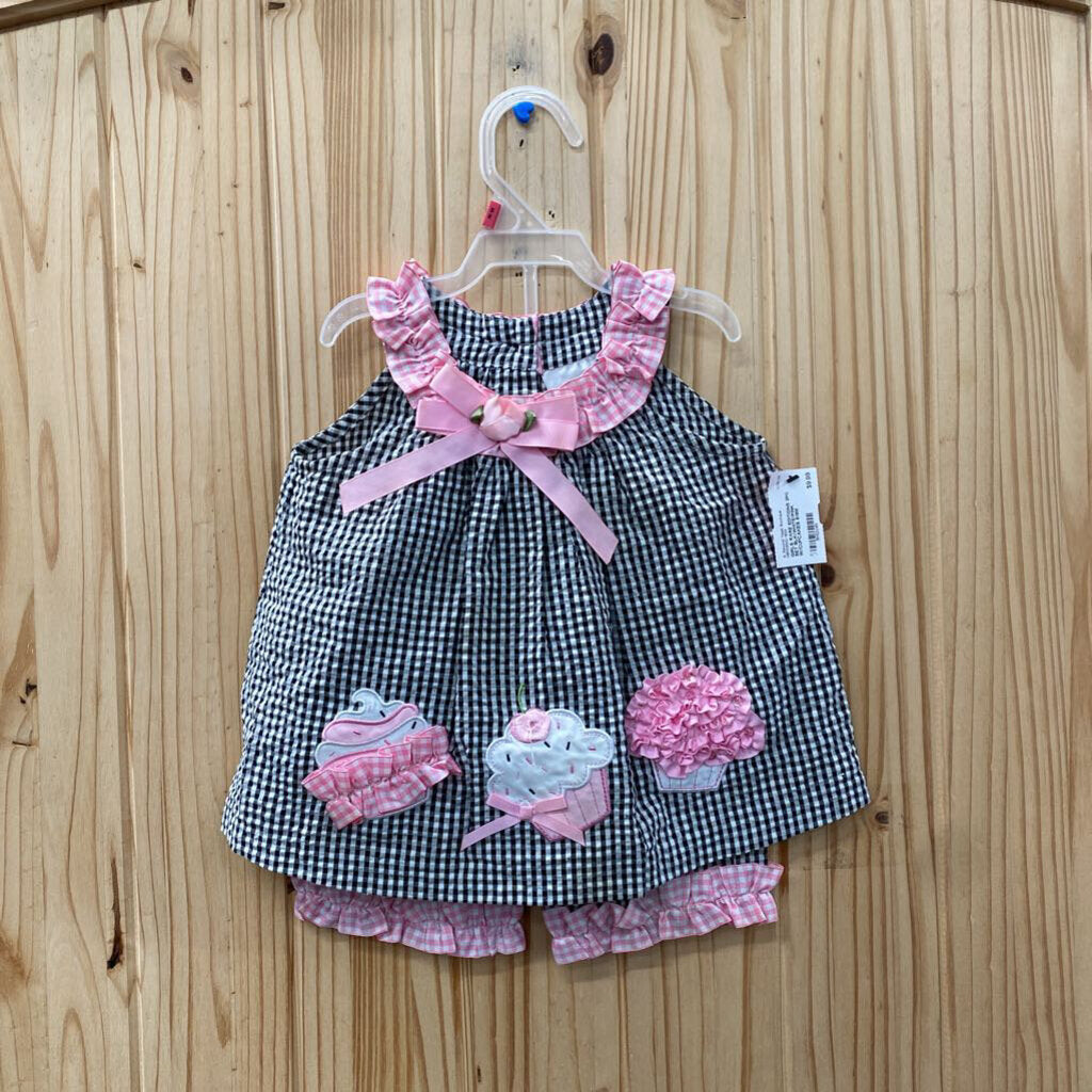 GIRLS RARE EDITIONS 2PC SET BLK/WHITE/PINK W/CUPCAKES 6/9M