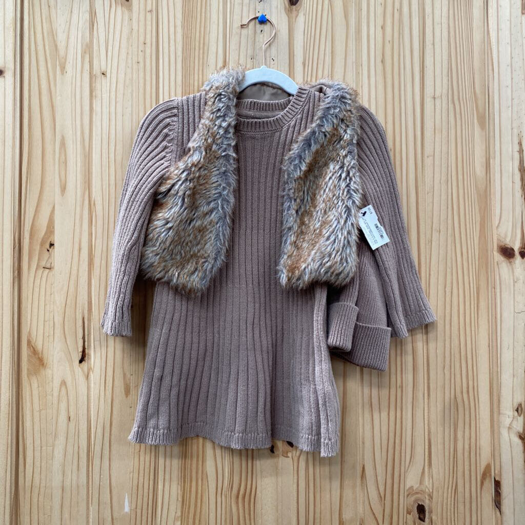 GIRLS RACHEL ZOE 3PC SET FUR VEST/DRESS/HAT 3T