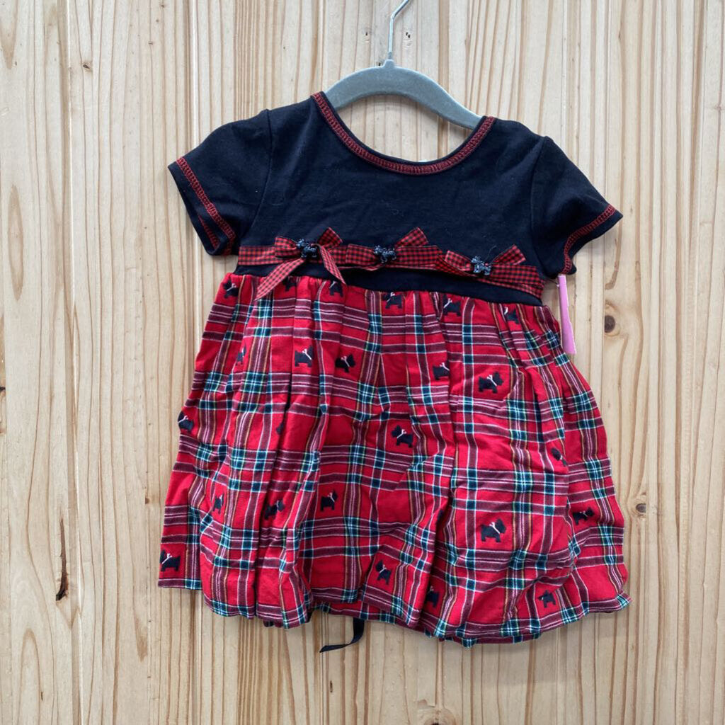 GIRLS BONNIE BABY RED/BLK PLAID DRESS W/POODLE DOGS 18M