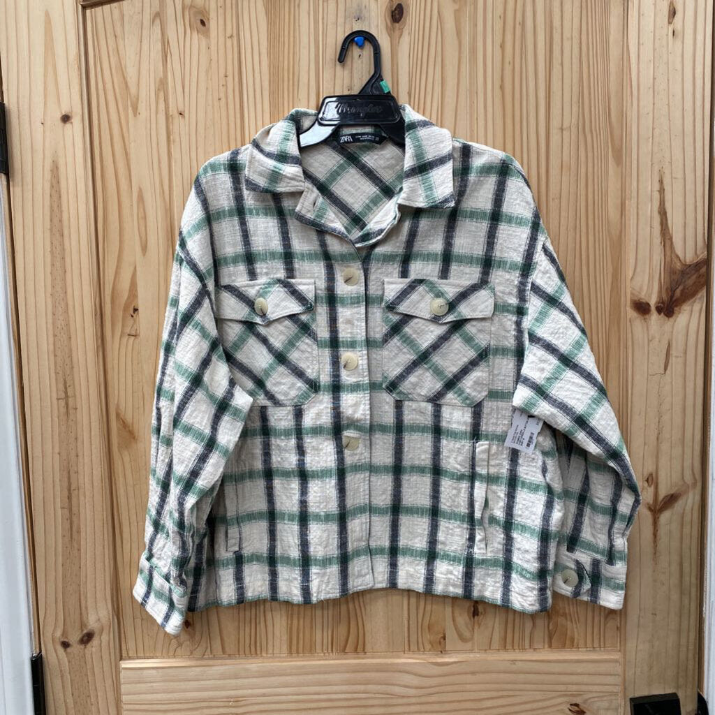 WOMENS ZARA IVORY/GREEN LS BUTTON UP SHIRT M
