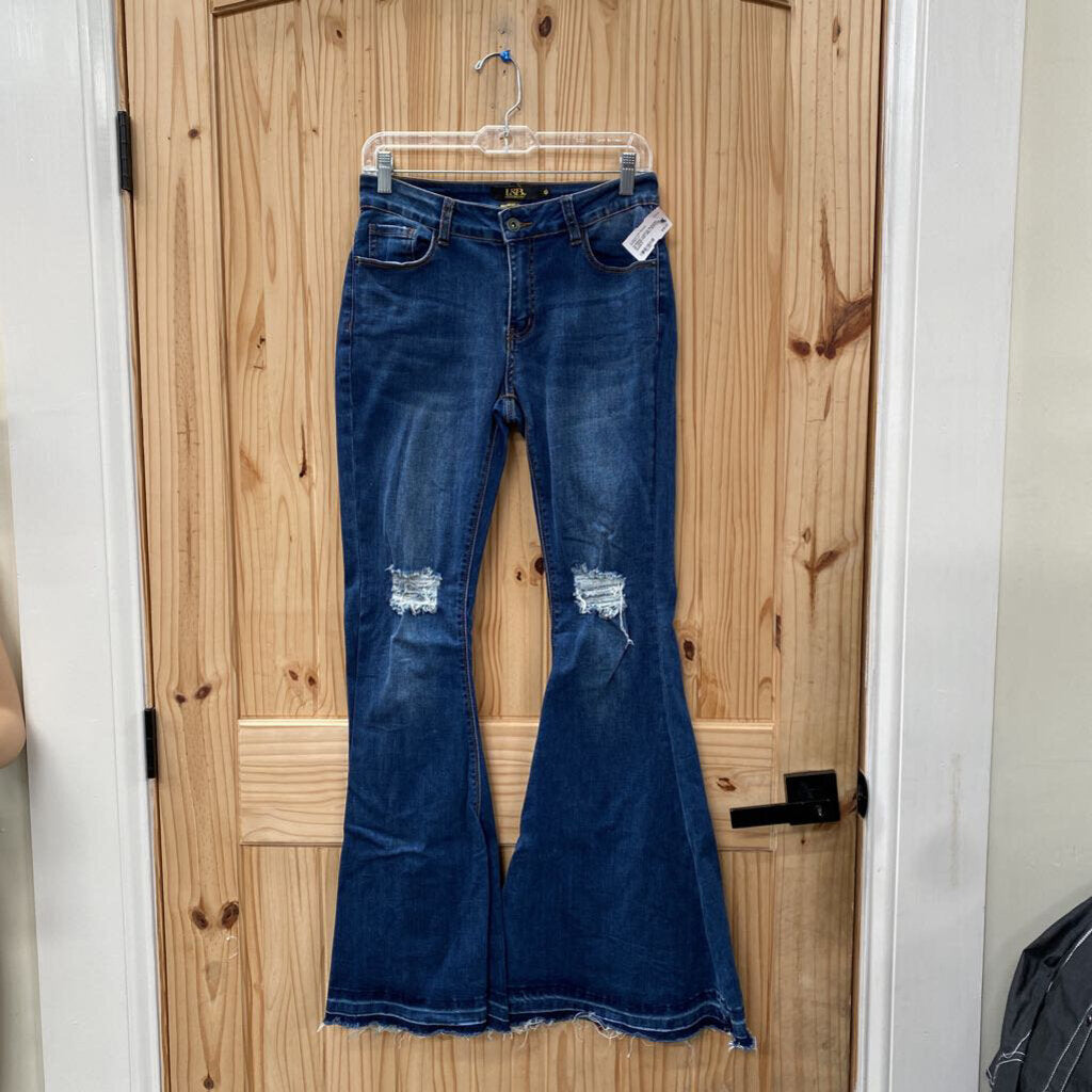 WOMENS LUCKY& BLESSED DK DENIM DIST BELL BOTTOM JEANS 6