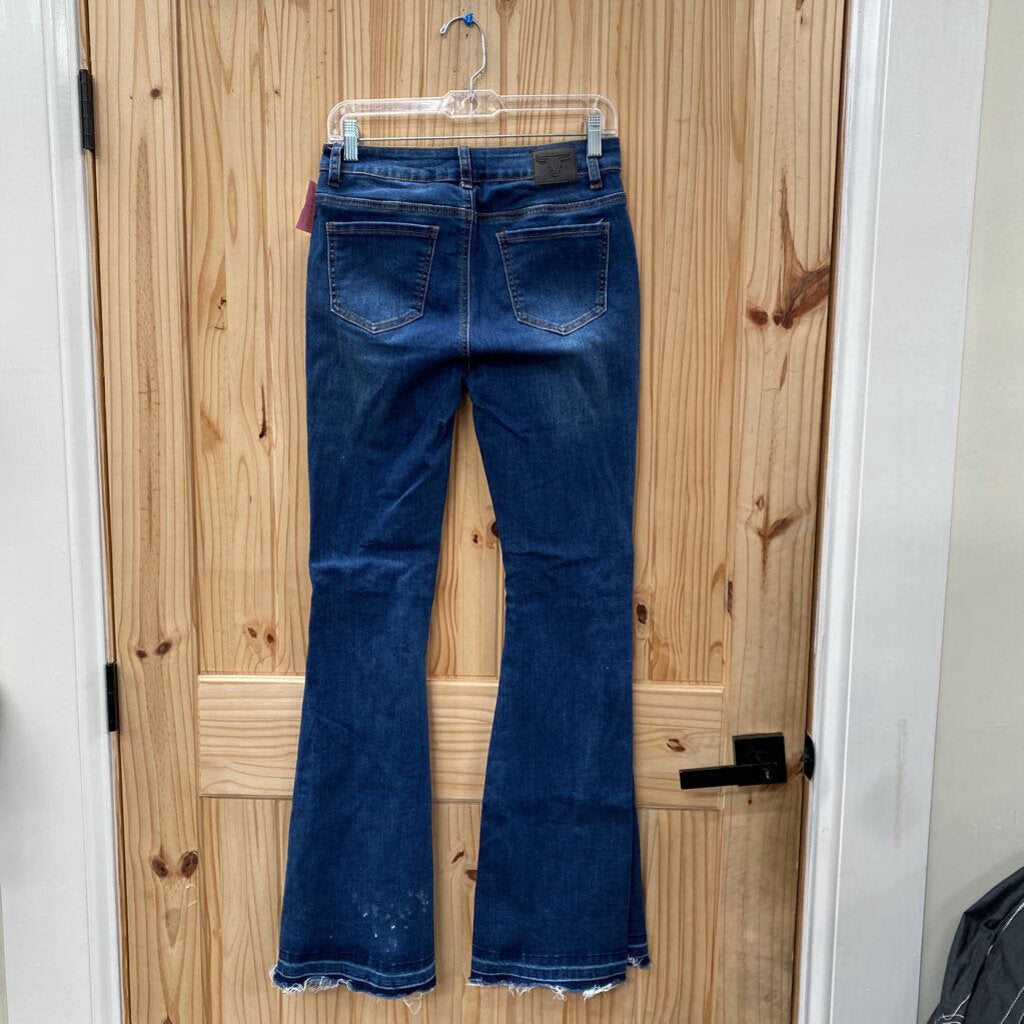 WOMENS LUCKY& BLESSED DK DENIM DIST BELL BOTTOM JEANS 6