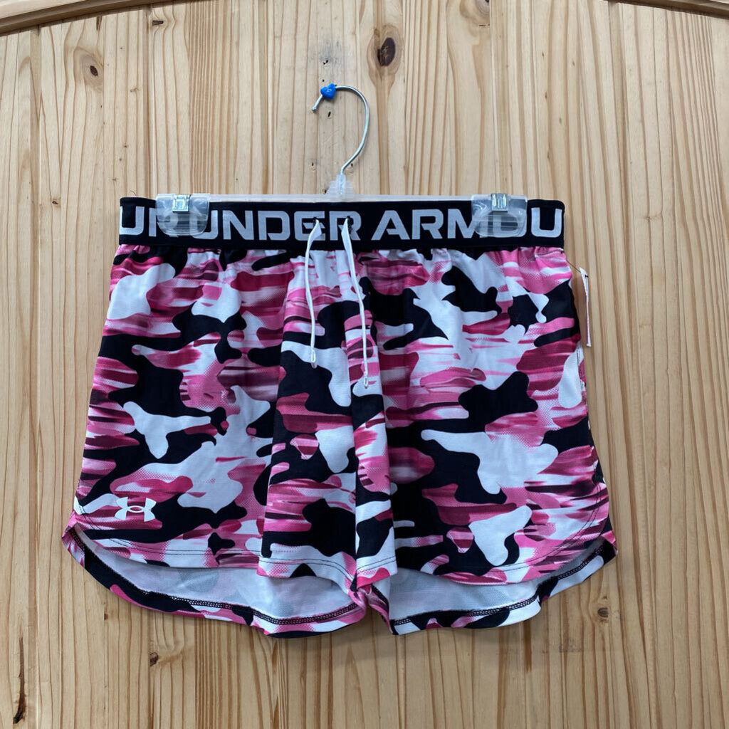 GIRLS UNDER AMOUR SHORTS PINK/WHITE/BLK CAMO SHORTS YXL 14