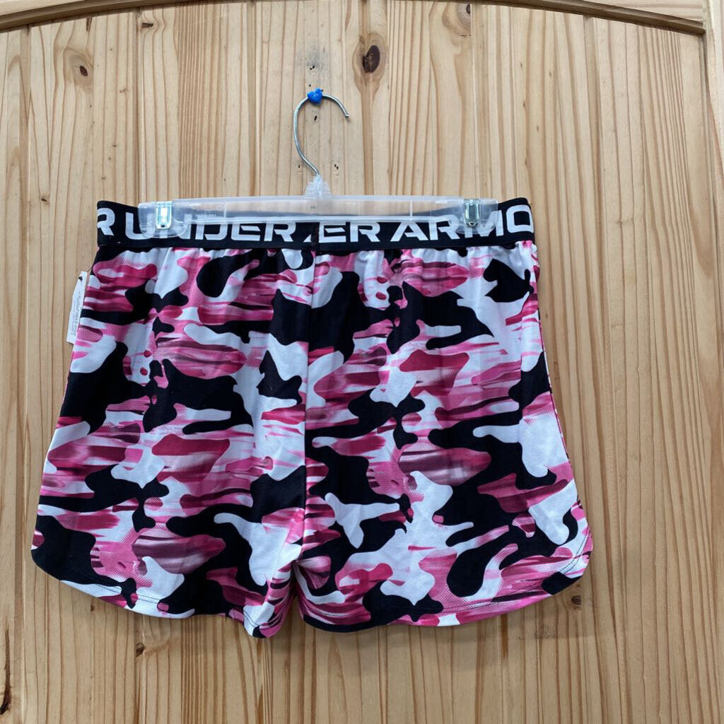 GIRLS UNDER AMOUR SHORTS PINK/WHITE/BLK CAMO SHORTS YXL 14