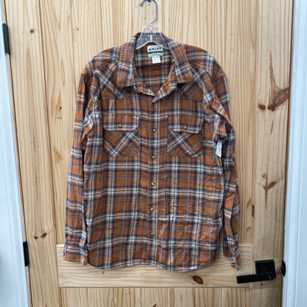MENS ARIAT TAUPE/BLUE/BURNT ORANGE PLAID SNAP UP SHIRT XL