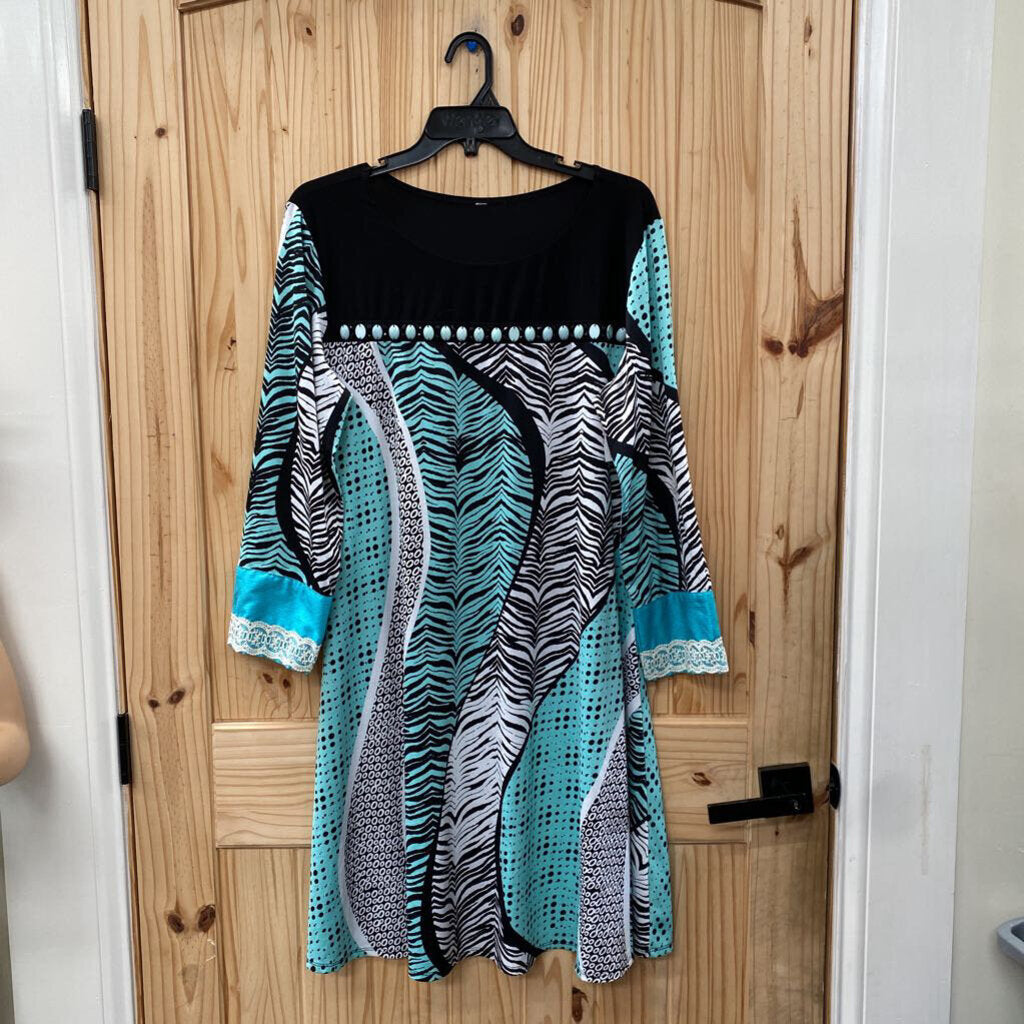 WOMENS CASUAL DRESS TURQUOISE/WHITE/BLK 1X