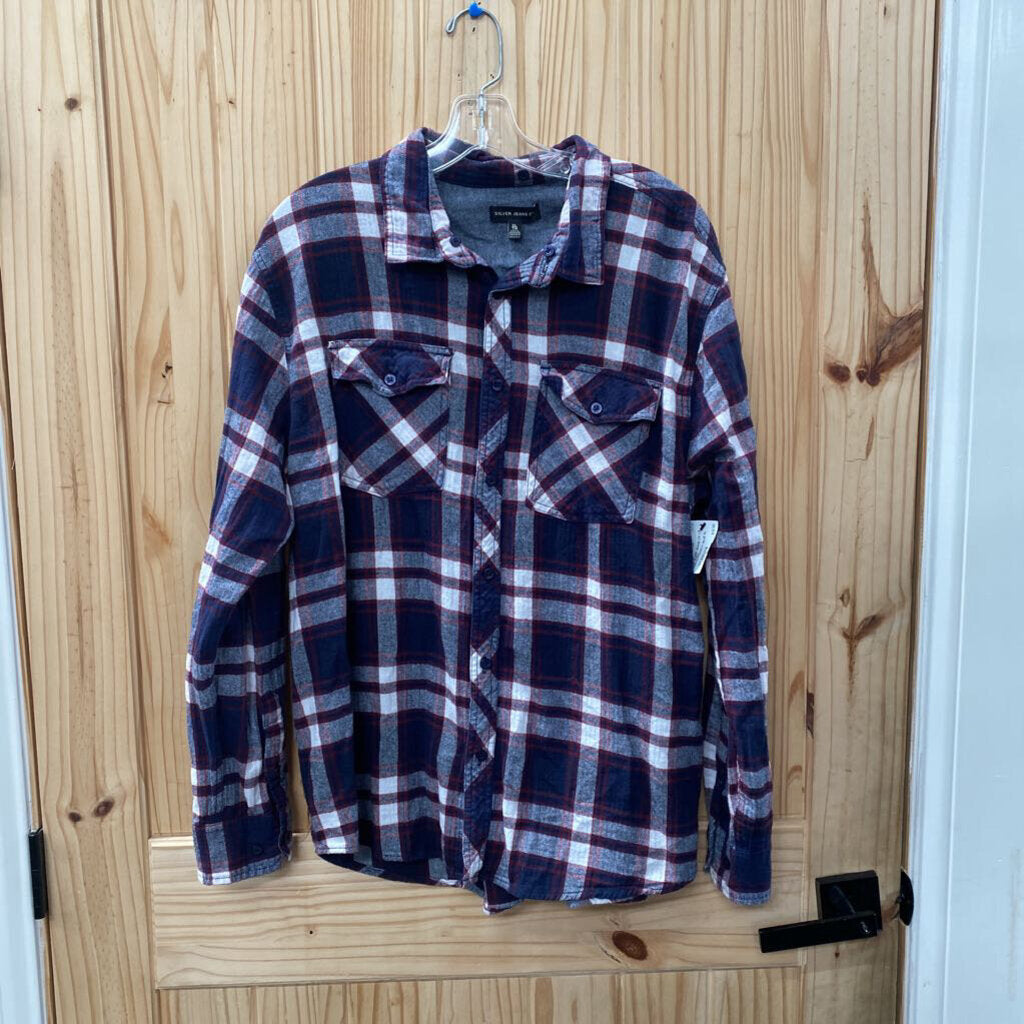 MENS SILVER JEANS CO. LS PLAID SHIRT WINE/WHITE/NAVY BLUE XL