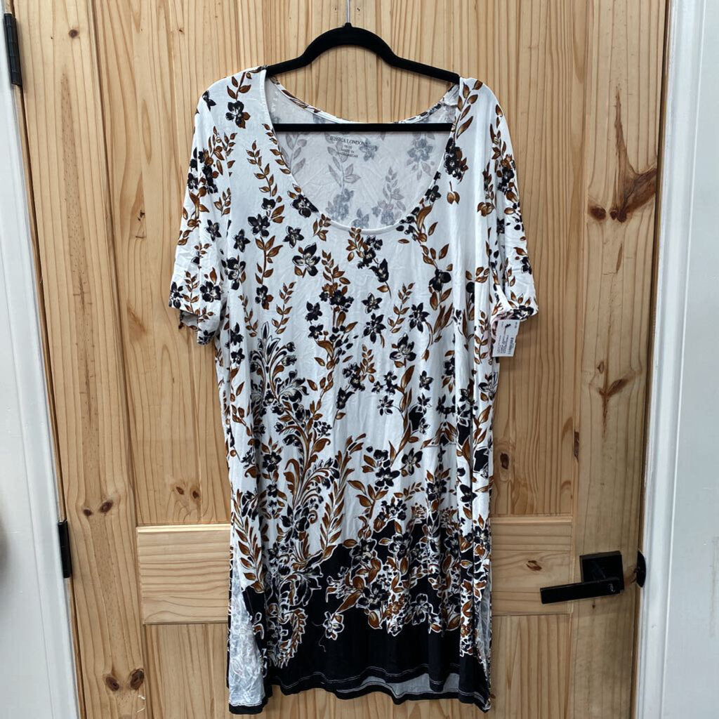 WOMENS JESSICA LONDON CASUAL TOP WHITE/BROWN/BLK W/FLOWERS 18/20 2X