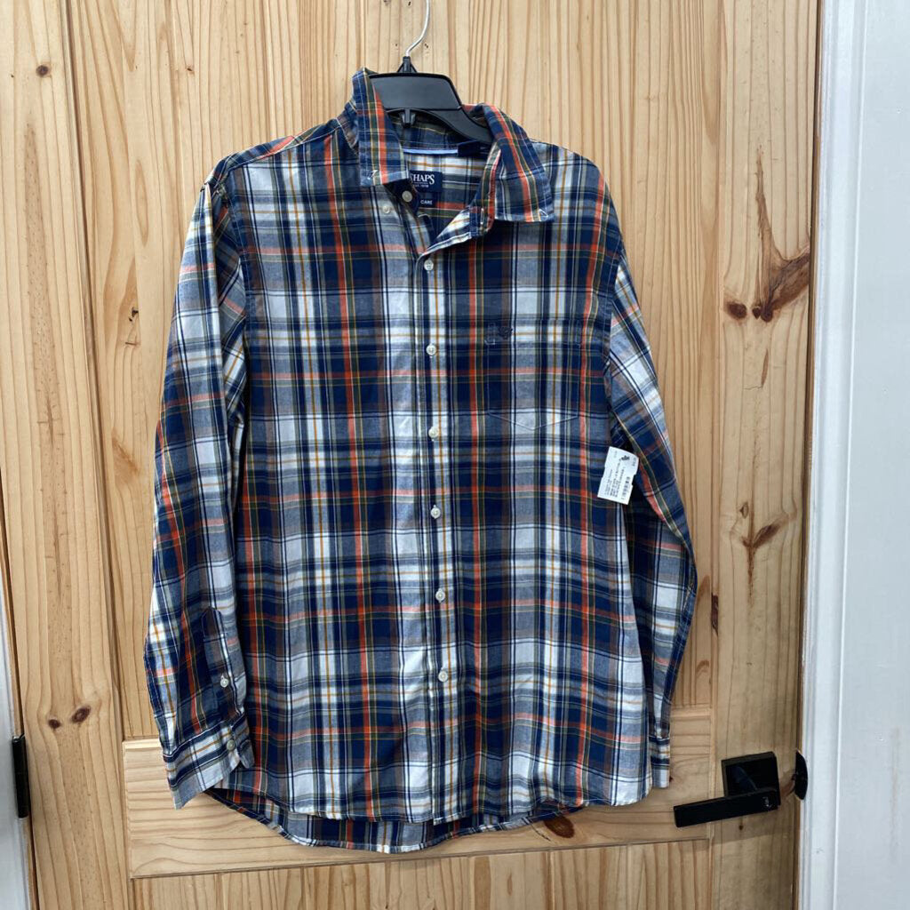 MENS HCAPS LS BUTTON UP SHIRT PLAID BLUE/WHITE/ORANGE L