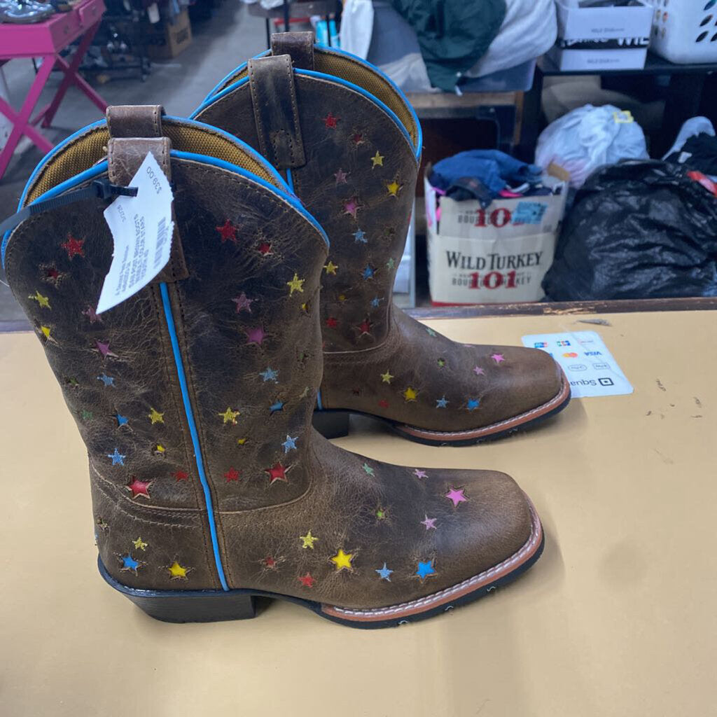 DAN POST BROWN BOOTS W/MULTI COLOR STARS YOUTH 4D