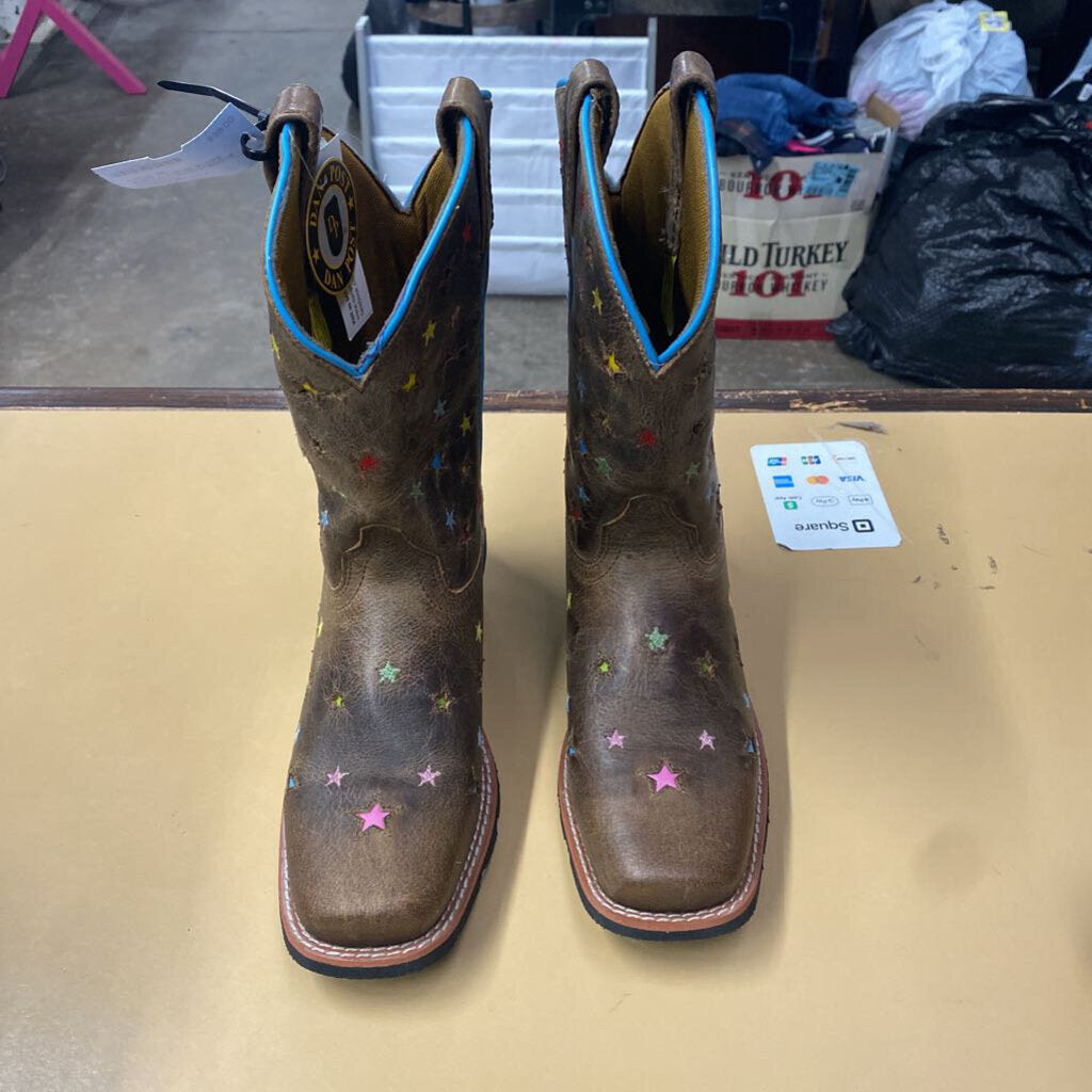 DAN POST BROWN BOOTS W/MULTI COLOR STARS YOUTH 4D