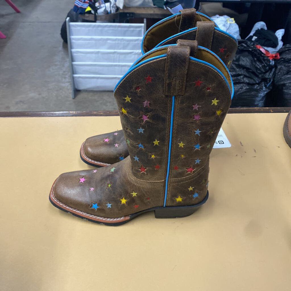 DAN POST BROWN BOOTS W/MULTI COLOR STARS YOUTH 4D