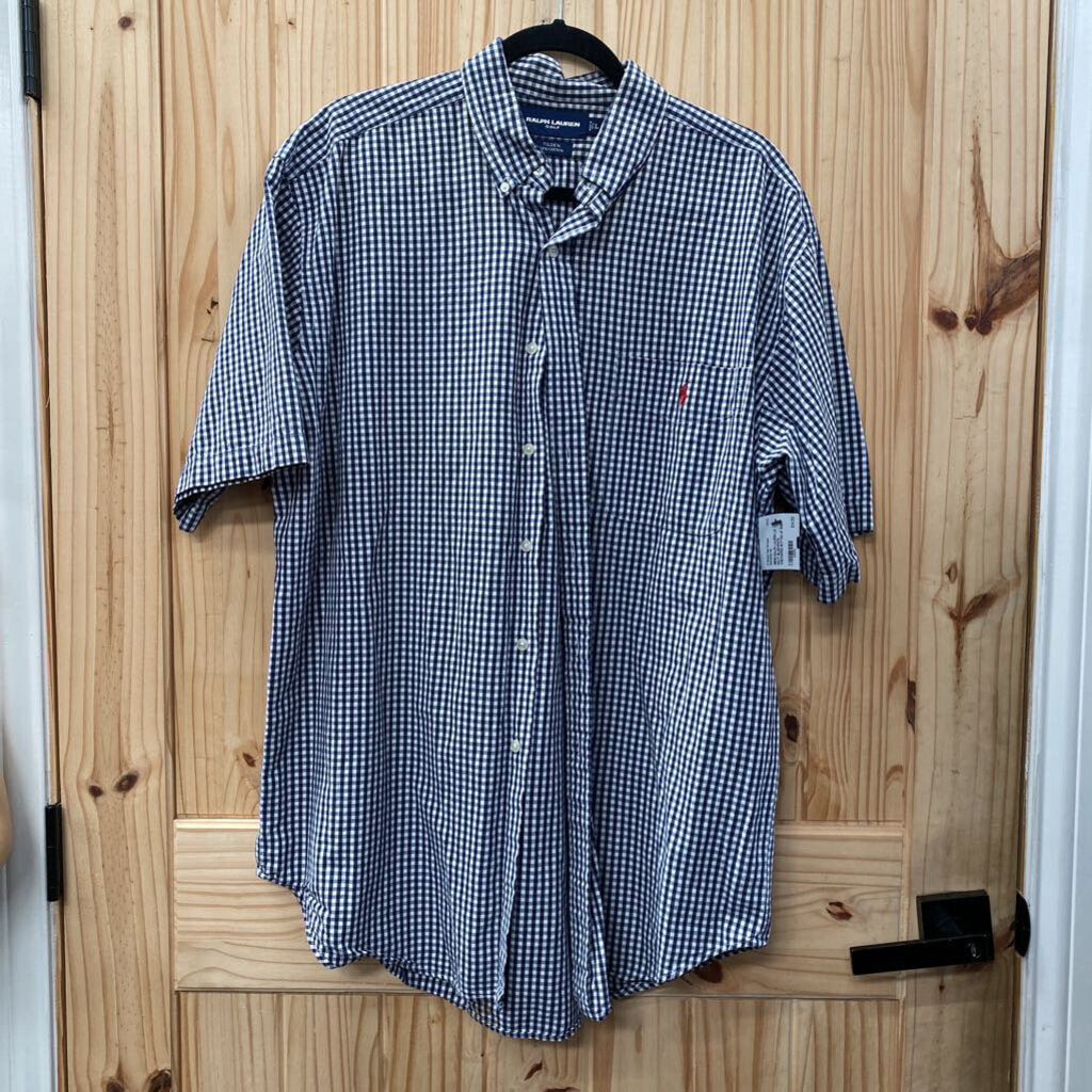 MENS RALPH LAUREN LS NAVY BLUE/WHITE CHECKERED BUTTON UP SHIRT L