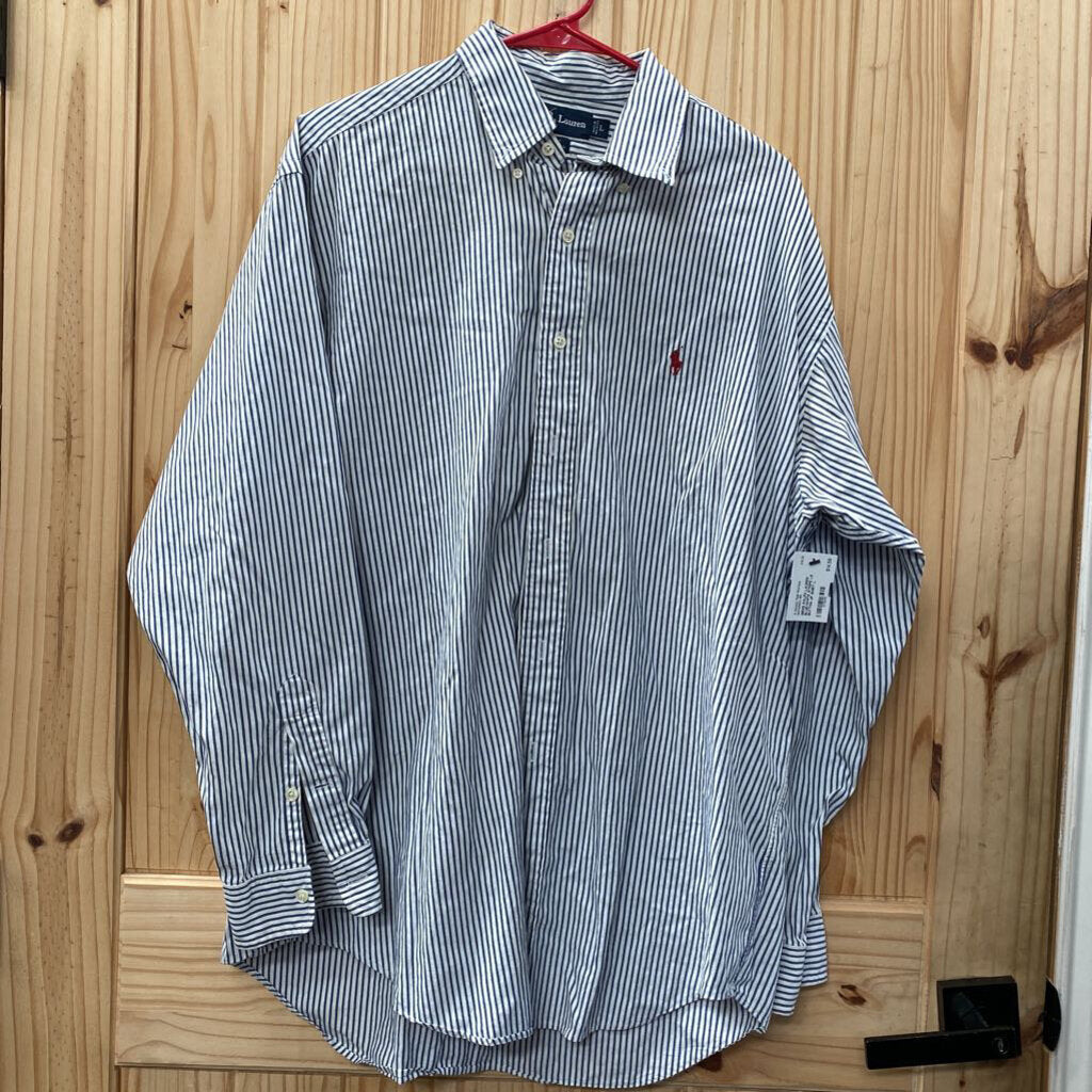 MENS RALPH LAUREN BLUE/WHITE STRIPE LS BUTTON UP SHIRT L