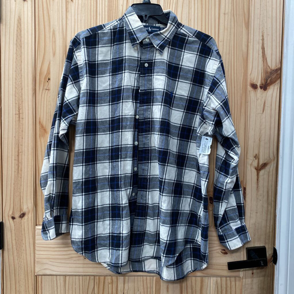 MENS RALPH LAUREN LS BUTTON UP SHIRT BLUE/WHITE/BLK PLAID L