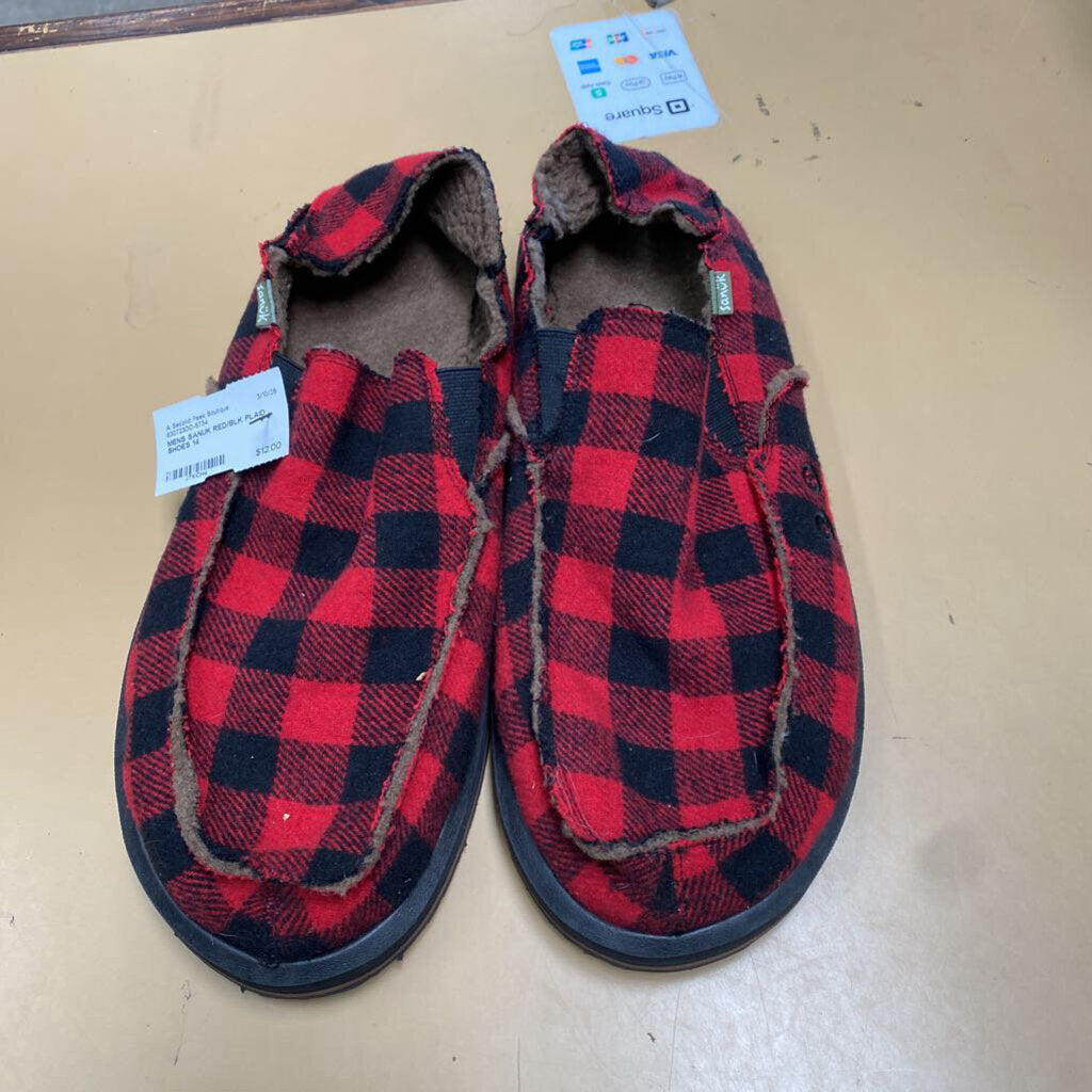 MENS SANUK RED/BLK PLAID SHOES 14