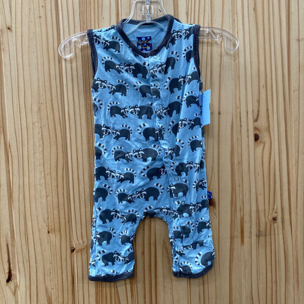BOYS KICKEE PANTS SL ROMPER LT BLUE W/RACCOONS 0/3M