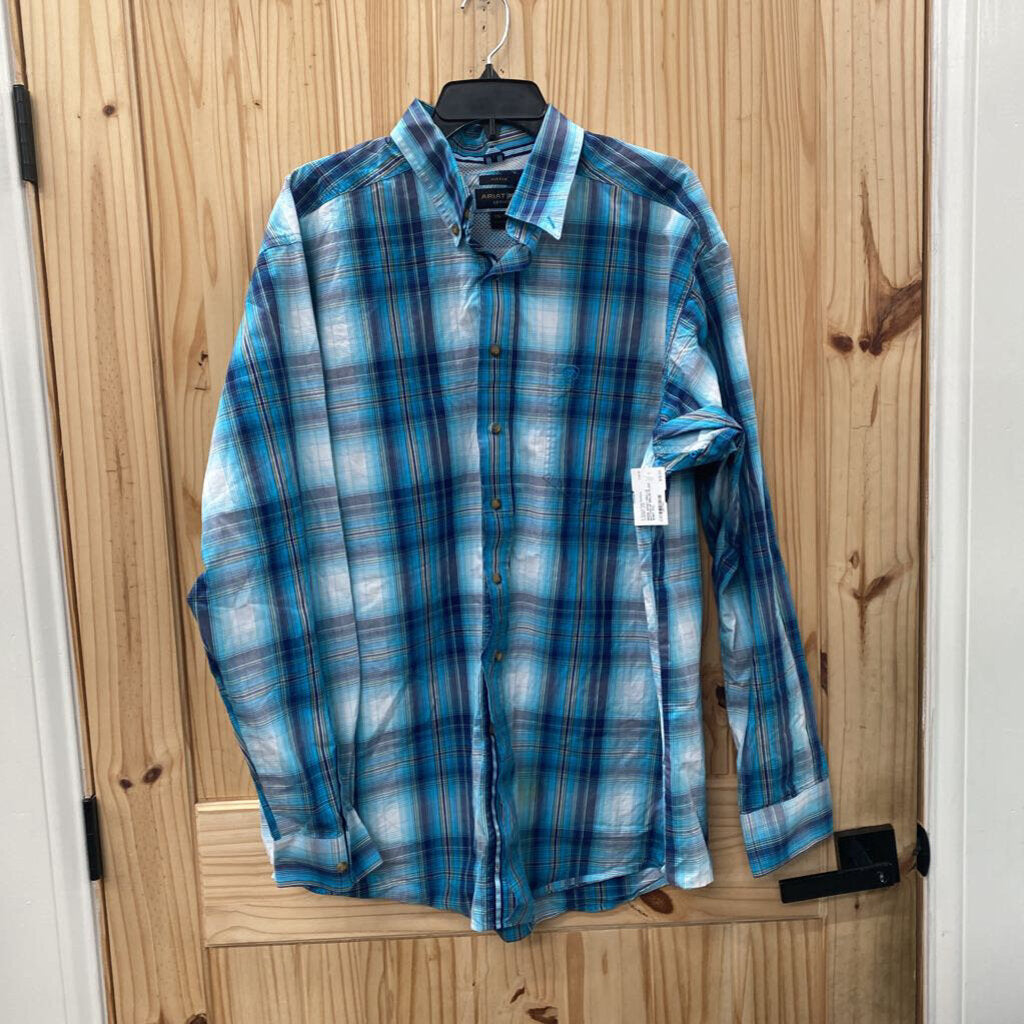 MENS ARIAT PRO LS BUTTON UP BBLUE PLAID SHIRT XXL