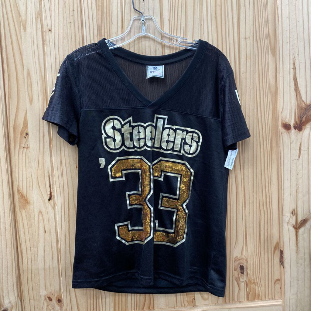 WOMENS VS PINK STEELERS BLK/WHITE/GOLD JERSEY SHIRT S