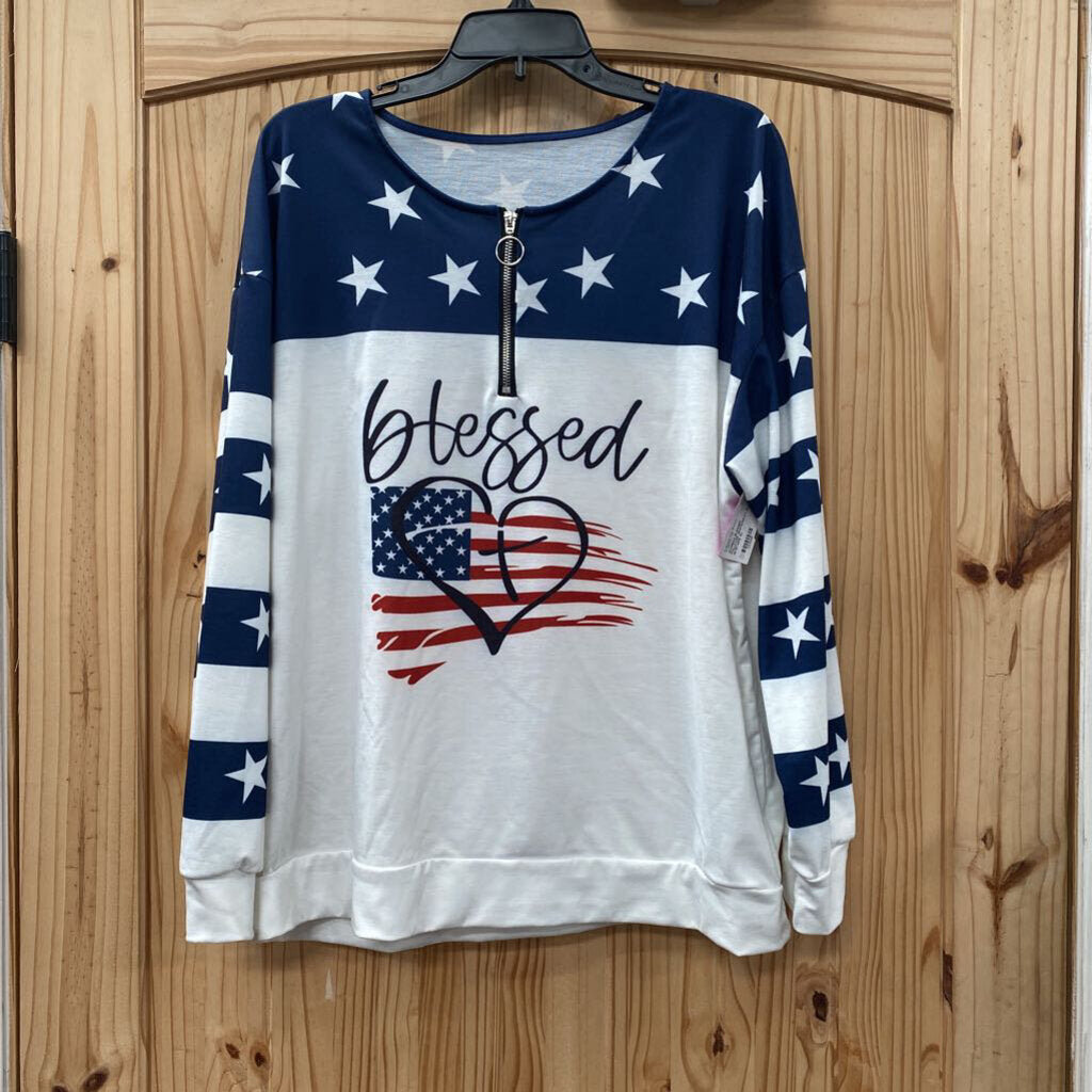 WOMENS BLESSED PULLOVER WHITE/NAVY BLUE W/STARS XL