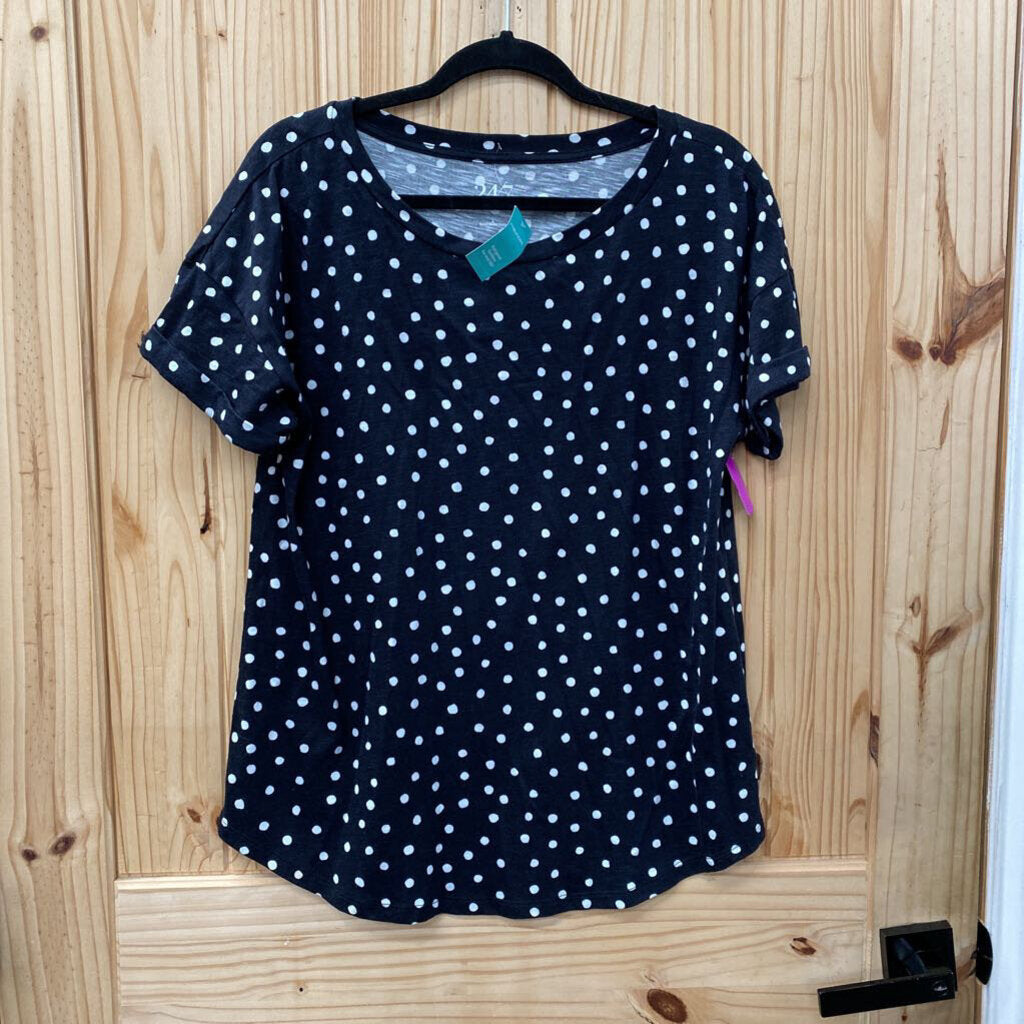 WOMENS 24/7 BLK SHIRT W/WHITE DOTS L NWT
