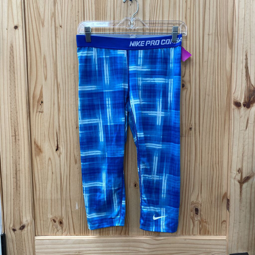 WOMENS NIKE PRO COMBAT BLUE PLAID CAPRIS M