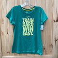 WOMENS NIKE TRAIN HARD WIN EASY. GREEN/YELLOW SHIRT M 8/10