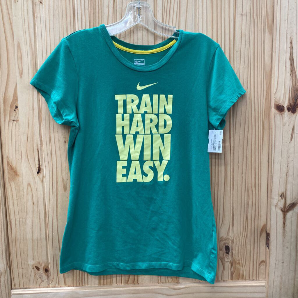 WOMENS NIKE TRAIN HARD WIN EASY. GREEN/YELLOW SHIRT M 8/10
