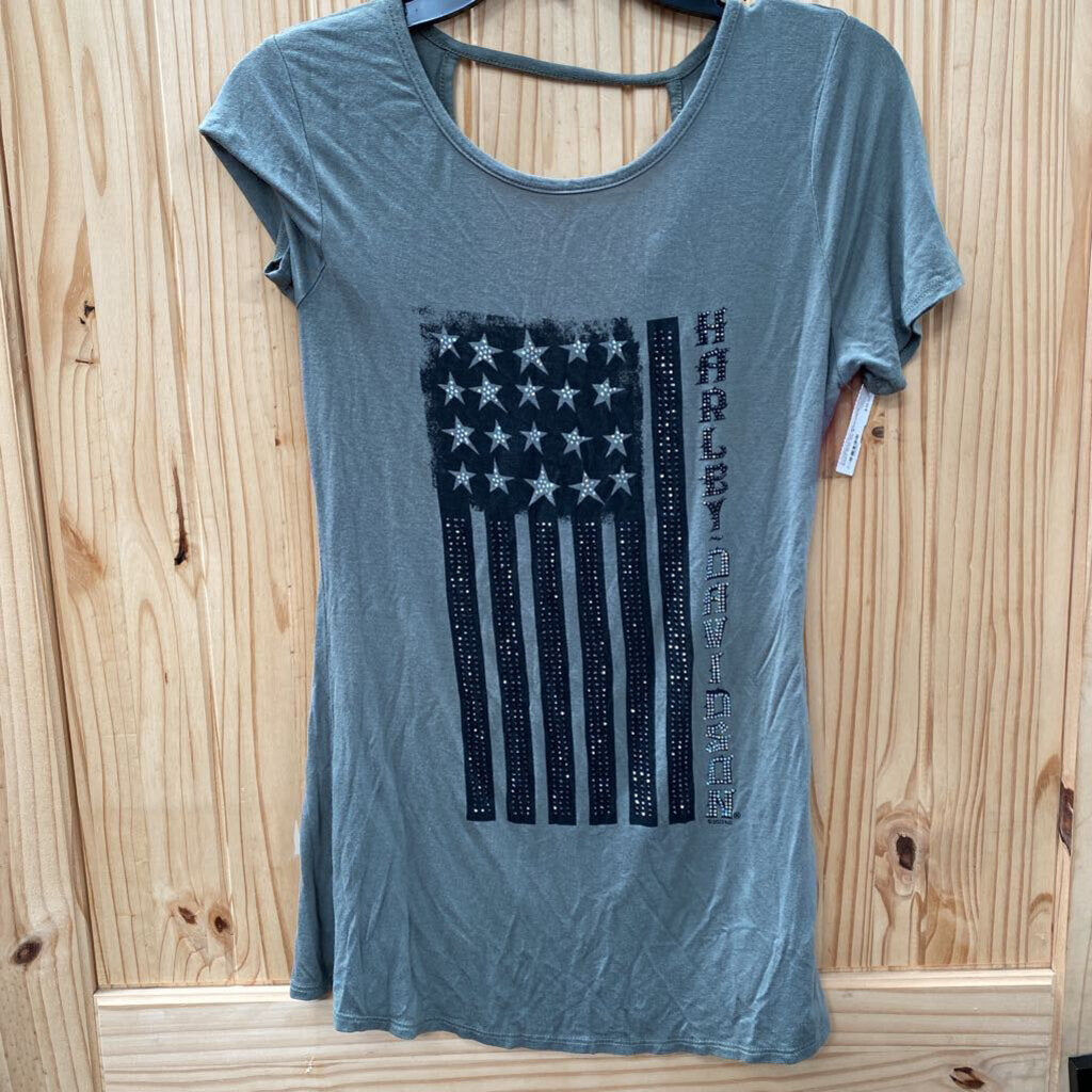 WOMENS HARLEY DAVIDSON DK GREEN/BLK SHIRT W/FLAG S
