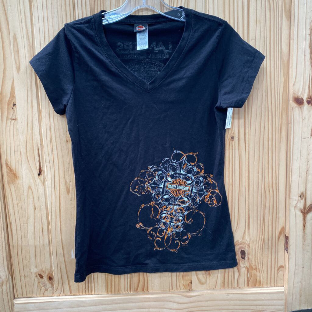 WOMENS HARLEY DAVIDSON SHIRT BLK/WHIITE/ORANGE M