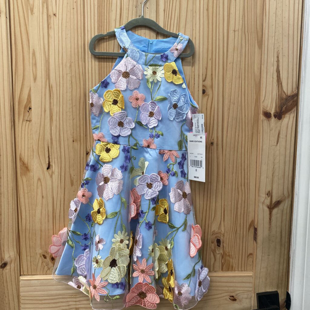 GIRLS RARE EDITIONS SKY BLUE SL DRESS W/FLOWERS 8 NWT